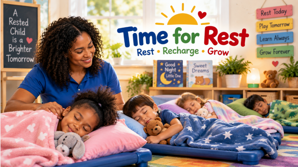 Children enjoying quiet rest time at Ms. Nicole’s Kids while developing healthy sleep and rest habits.